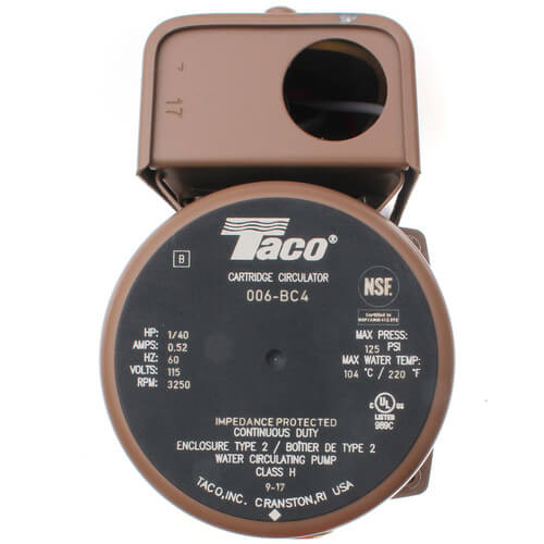 Taco 006-BC4 - 006 Series Bronze Cartridge Circulator Pump, 1/2" Sweat Connection, 1/40 HP, 115V, 125 PSI