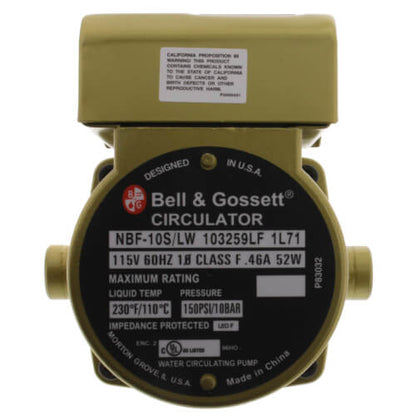 Bell & Gossett 103259LF - Model NBF-10S/LW, Lead Free Bronze Circulator Pump with 1/2" Sweat End Connection, 1/40 HP, 115 Volts, 1 Phase | Plumbers Center