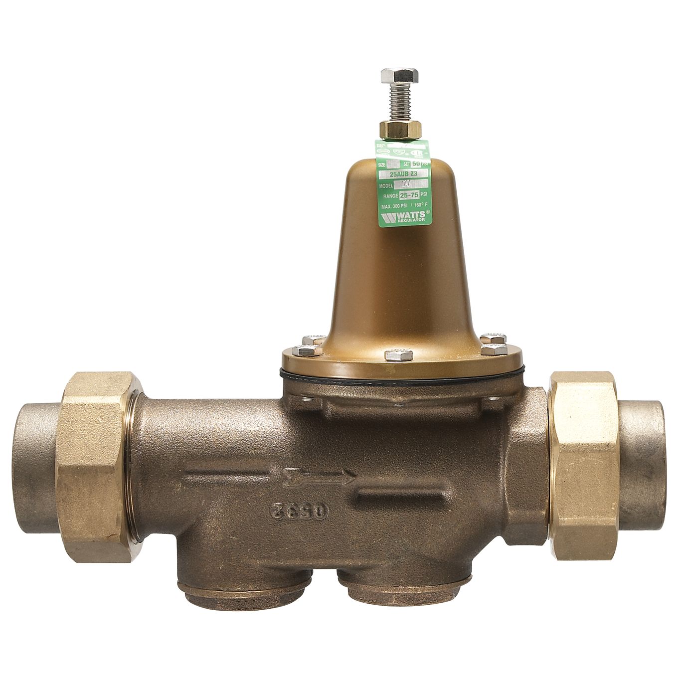 Watts 0009228 LF25AUB-DU-Z3 1/2" Lead Free Water Pressure Reducing Valve with Double Union NPT Threaded Female End Connection and Bypass Feature, Adjustable Pressure Range 25-75 PSI