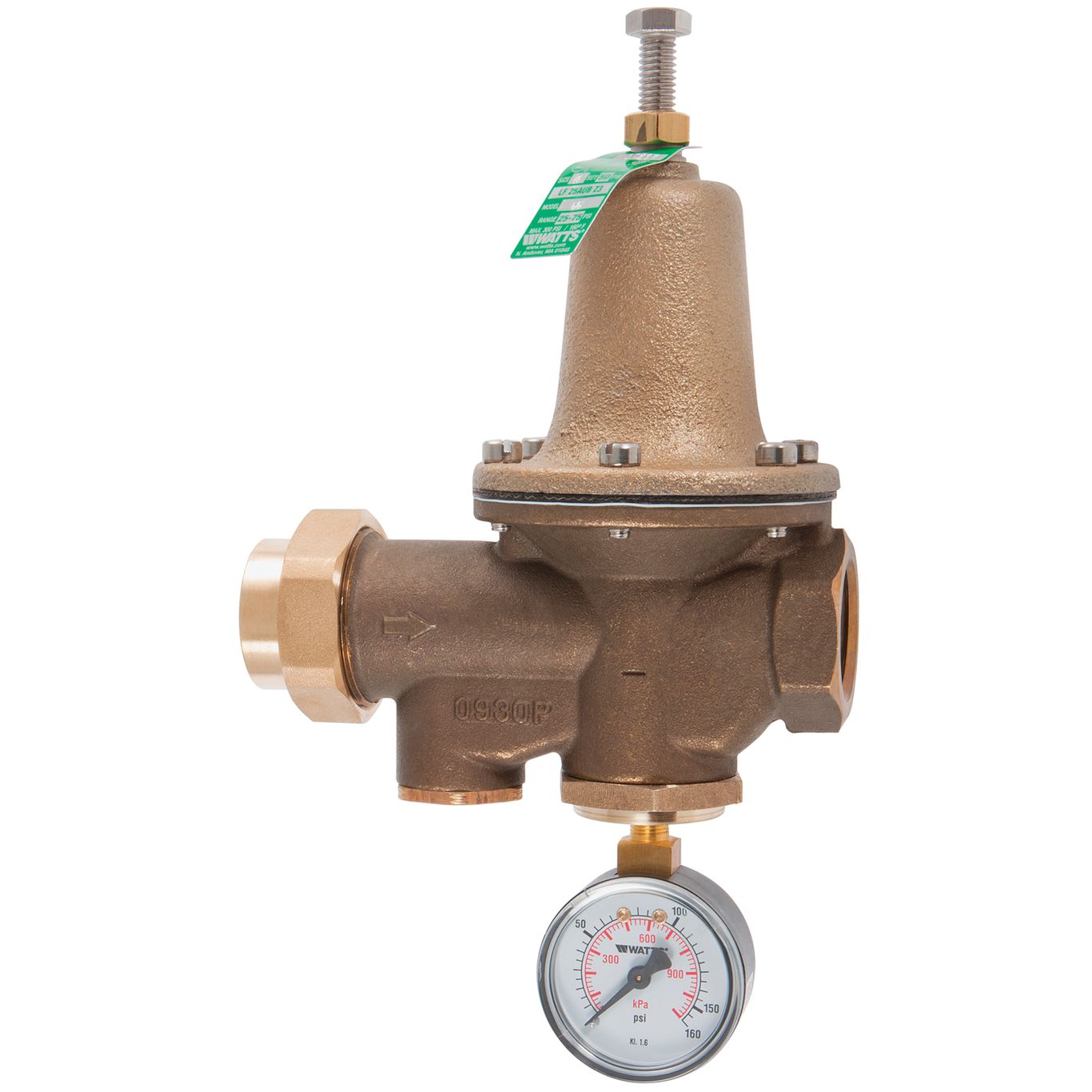 Watts 0009231 LF25AUB-GG-Z3 1/2" FNPT Lead Free Brass Water Pressure Reducing Valve with Gauge Tapping & 160 Gauge, Adjustable Pressure Gauge 25-75 PSI 