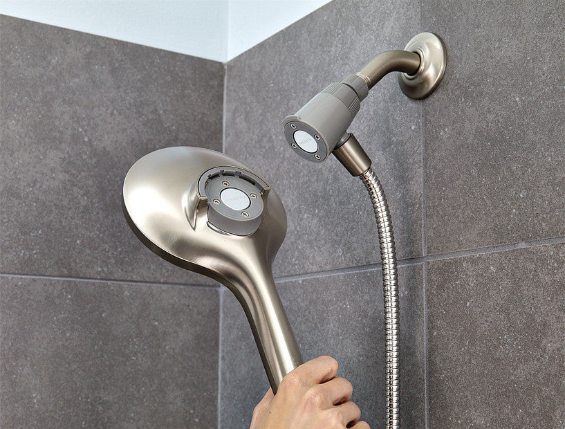 Moen 26112SRN Engage 6-Function Handheld Shower Head with Magnetix Docking and Hose in Spot Resist Brushed Nickel comes with a 5.5" Spray Shower Head 