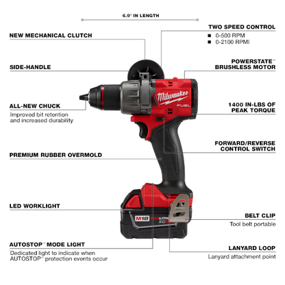 Milwaukee 2903-22 M18 FUEL 1/2" 18V Li-Ion Brushless Cordless Drill/Driver Kit Complete with Batteries, Charger and Carrying Case 