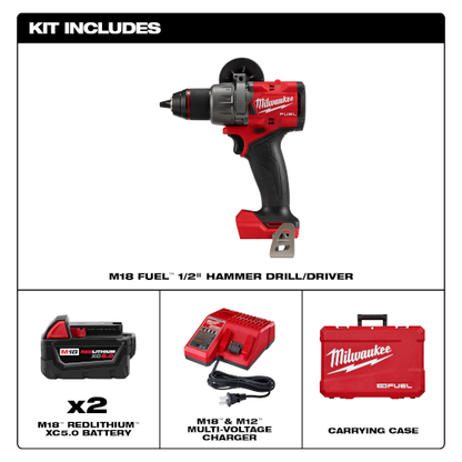 Milwaukee 2904-22 M18 FUEL Cordless 1/2" Hammer Drill/Driver Kit Complete with Battery, Charger & Case