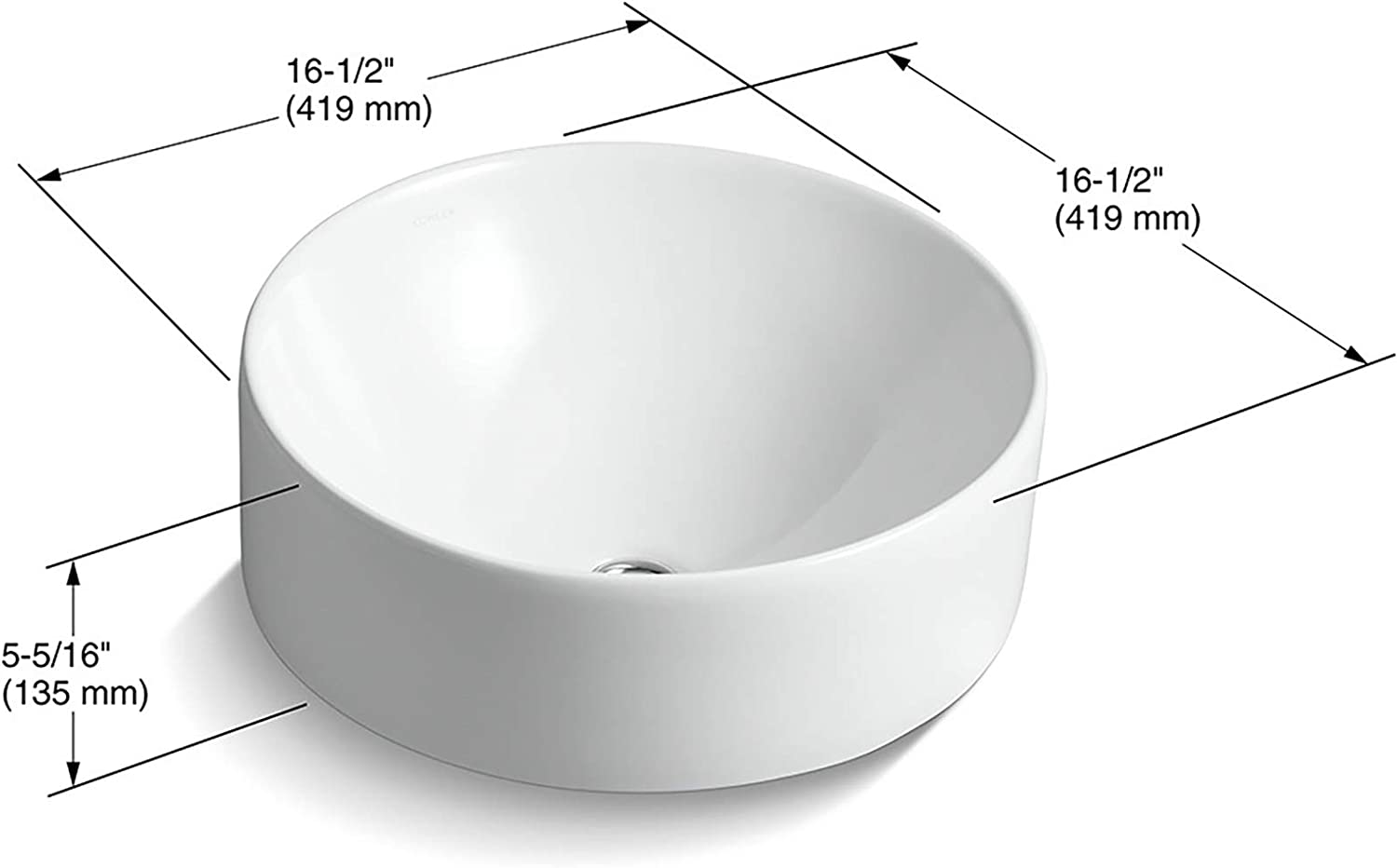 Kohler K-14800-0 Vox Round Vessel Countertop Bathroom Sink, White 