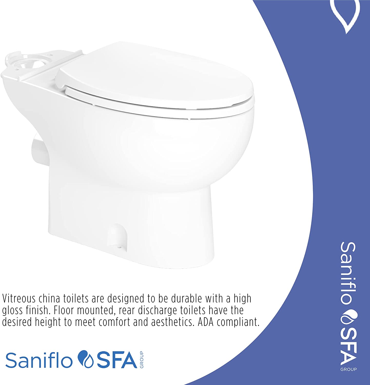 Saniflo 087 Saniflush Elongated Toilet Bowl with Rear Discharge, White (Slow Close Seat Included) 