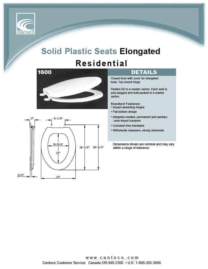 Centoco 1600-001 Residential Elongated Closed Front Top Mount Toilet Seat with Cover in White 