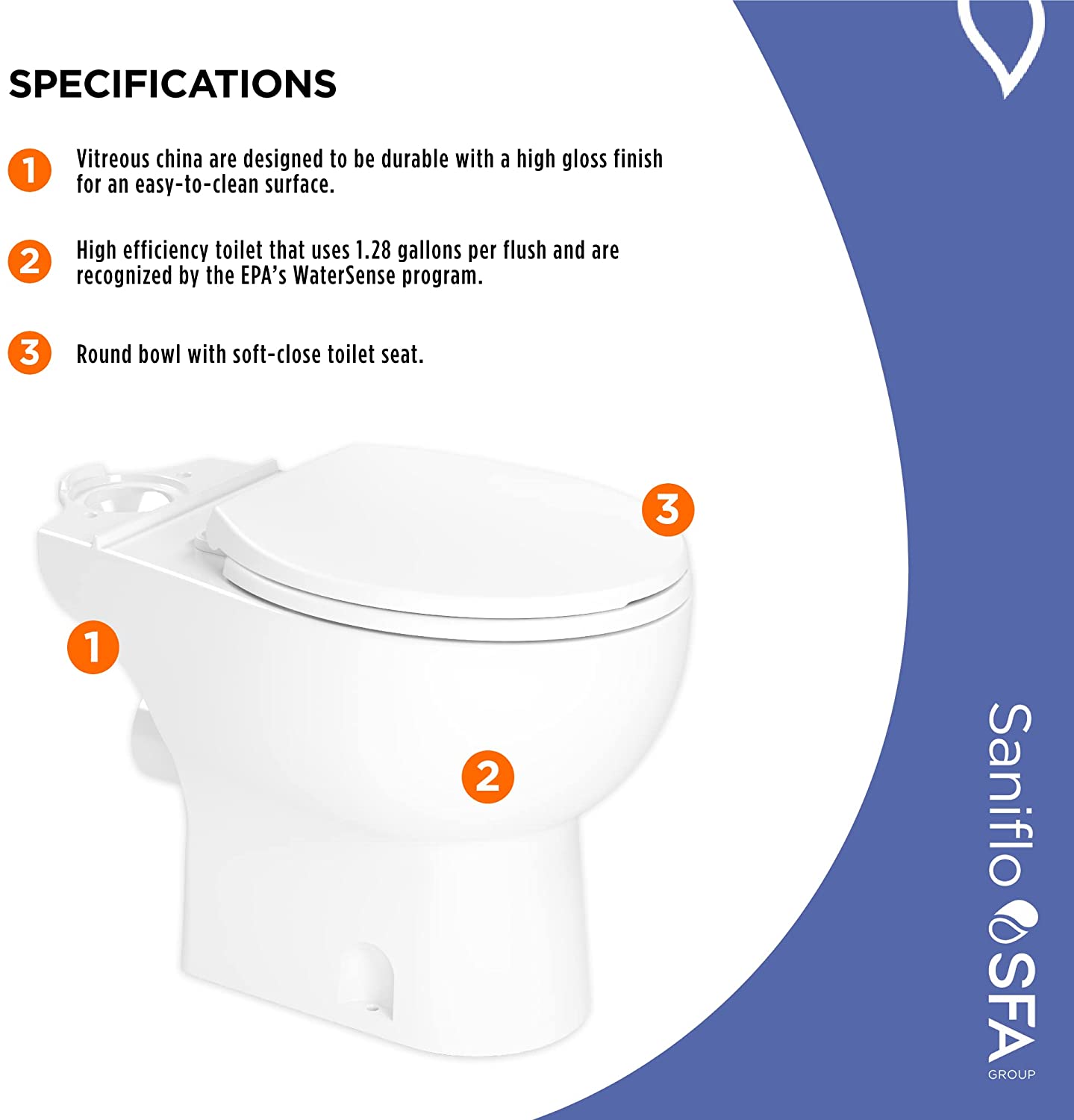 Saniflo 083 - Saniflush Round Toilet Bowl with Rear Discharge, White (Seat Included) 