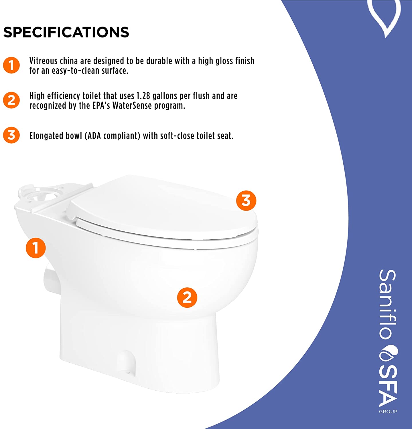 Saniflo 087 Saniflush Elongated Toilet Bowl with Rear Discharge, White (Slow Close Seat Included)