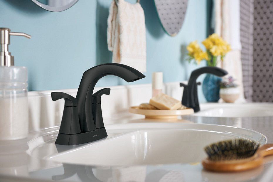 Moen 84506BL Lindor 4"Centerset Two-Handle High Arc Bathroom Faucet in Matte Black