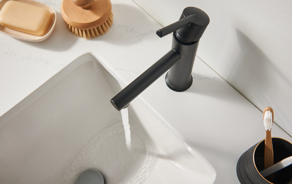 Moen 84770BL Arlys Single-Handle Bathroom Faucet with Deck Plate in Matte Black 