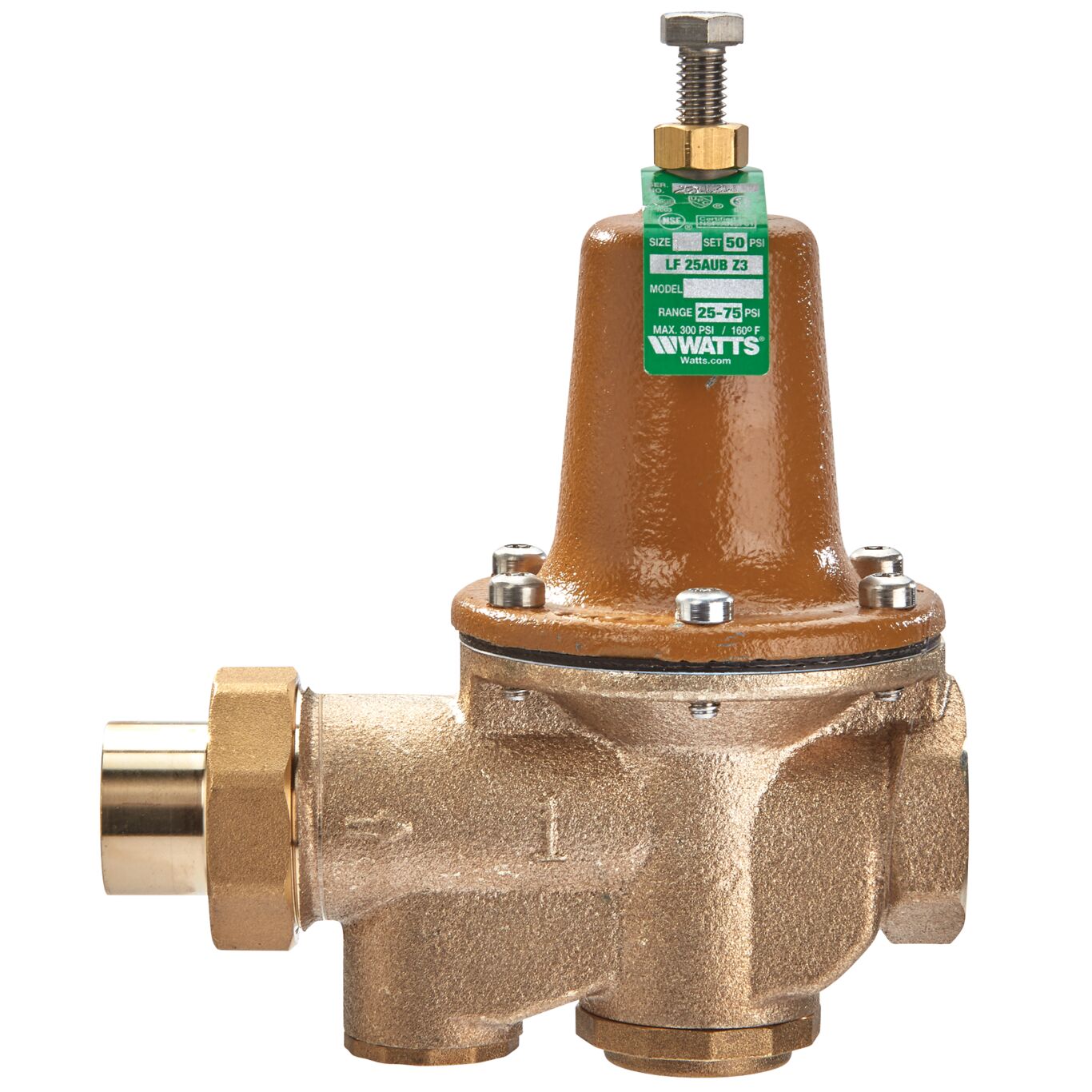 Watts 0009237 - LF25AUB-S-Z3 1/2" Lead Free Brass Water Pressure Reducing Valve with Solder Union x FNPT Connections, Polymer Seat, Adjustable Pressure Range 25-75 PSI 