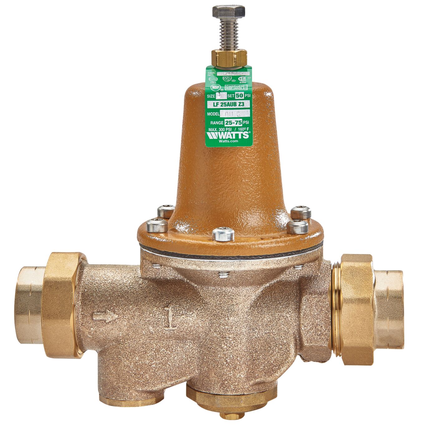 Watts 0009225 - 1/2" LF25AUB-DU-G-Z3 Lead Free Water Pressure Reducing Valve with Gauge Tapping and Double Union Threaded Female Connections, Adjustable Pressure Range 25-75 PSI 