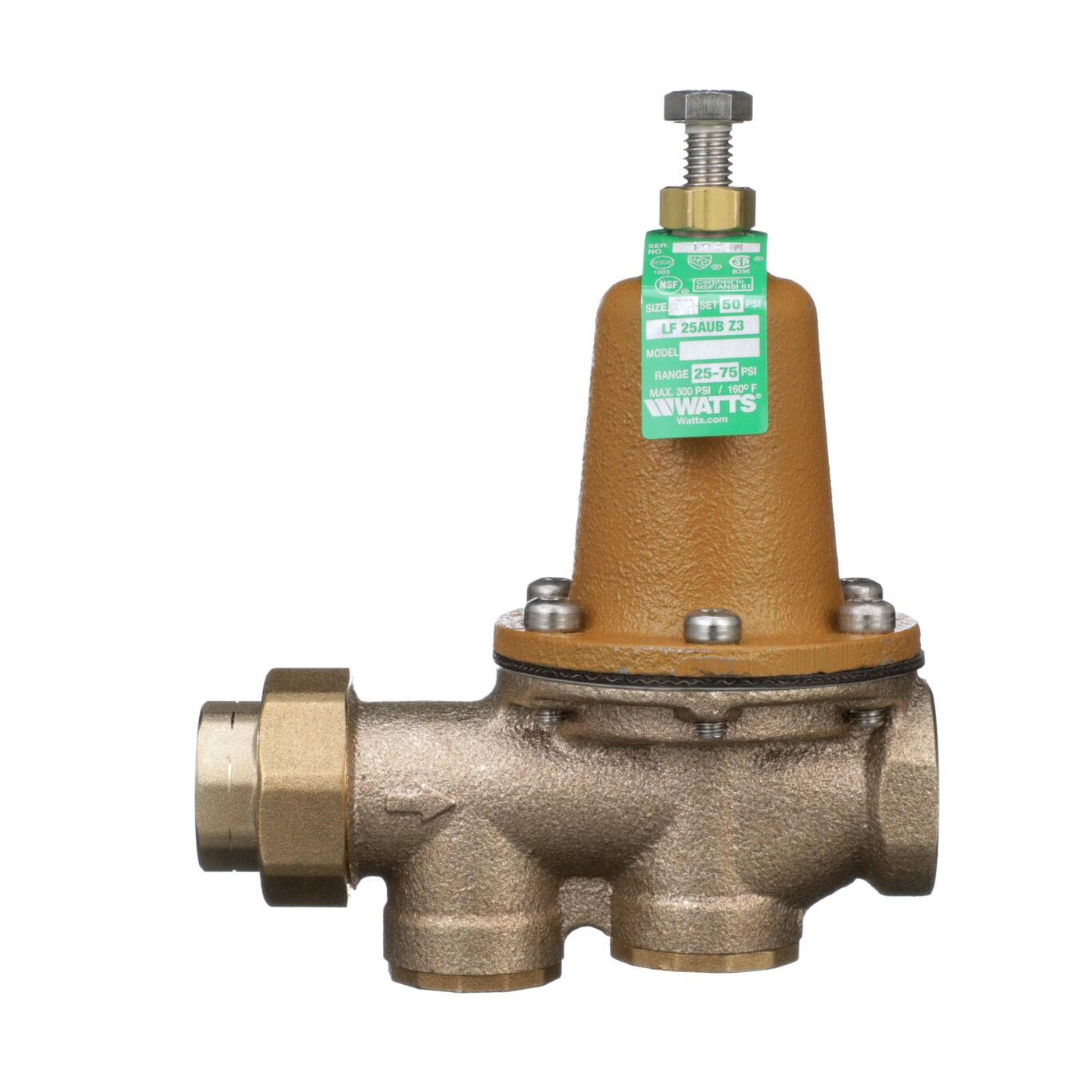 Watts 0009257 - LF25AUB-Z3-3/4" Water Pressure Reducing Valve with NPT Female Union x NPT Female, Polymer Seat & Adjustable Pressure Range 25-75 PSI (Lead Free) 