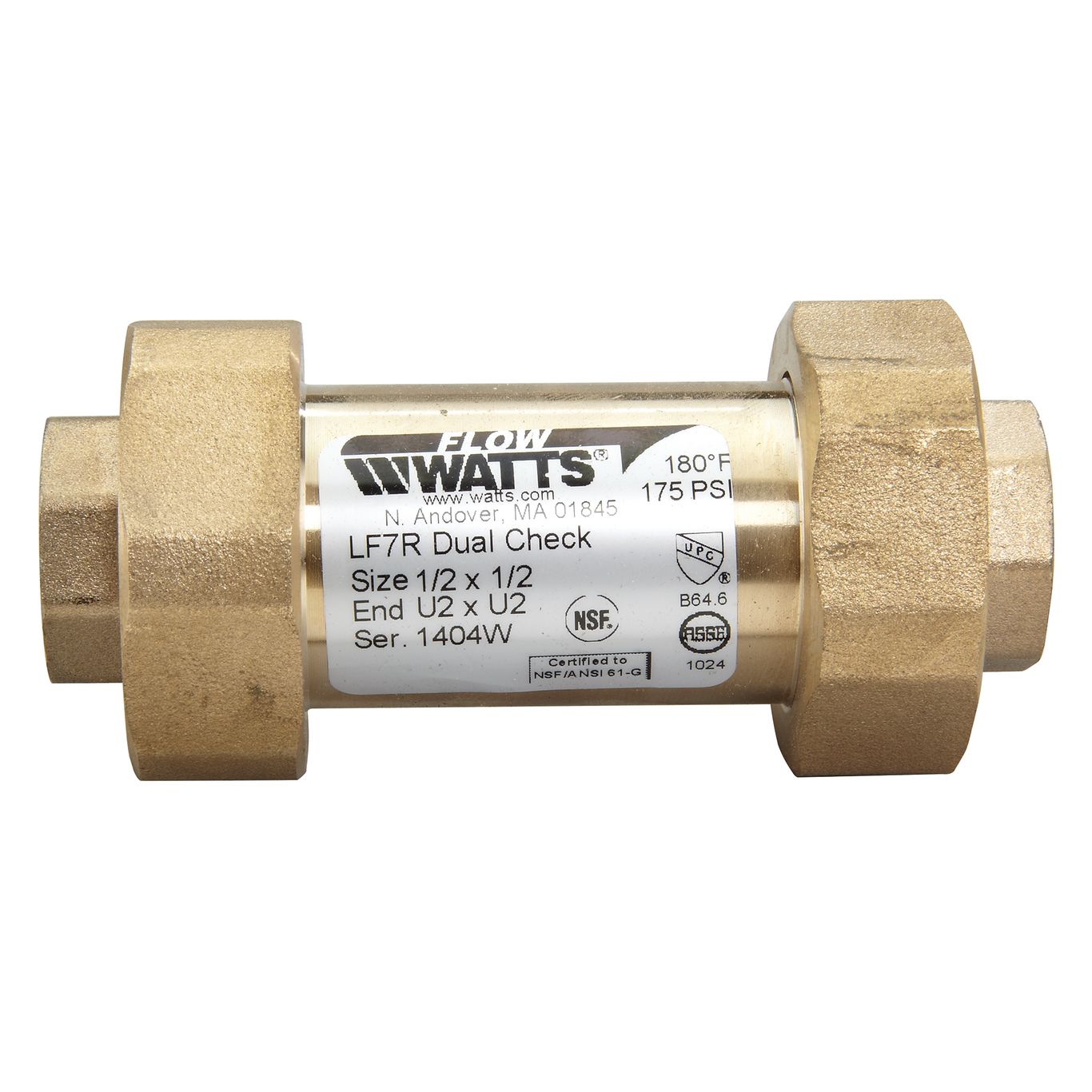 Watts 0072206 - LF7RU2-U2-1/2 - 1/2"  Lead Free Dual Check Valve with Union Female NPT Inlet x Union Female NPT Outlet 