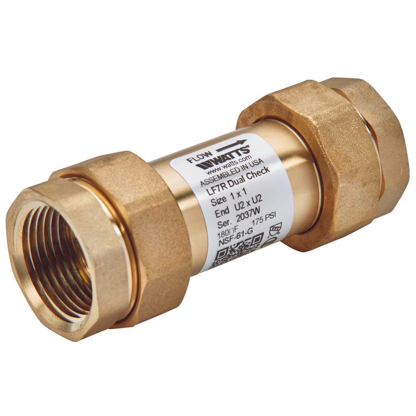 Watts 0072224 LF7RU2-U2 1" X 1" Lead Free  Brass Dual Check Valve with Union Female NPT Inlet x Union Female NPT Outlet 