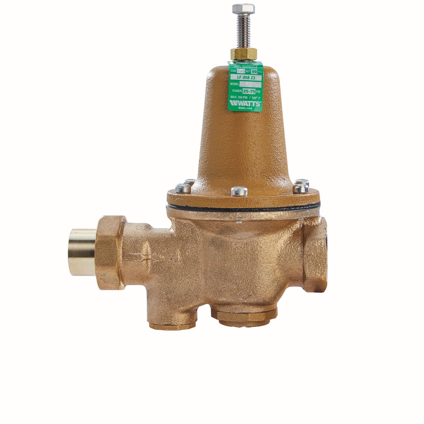 Watts 0009129 - LFU5B-S-G-Z3 3/4" Lead Free Water Pressure Reducing Valve with Gauge Tapping, Adjustable Pressure Range 25-75 PSI, Solder X NPT Female End Connections