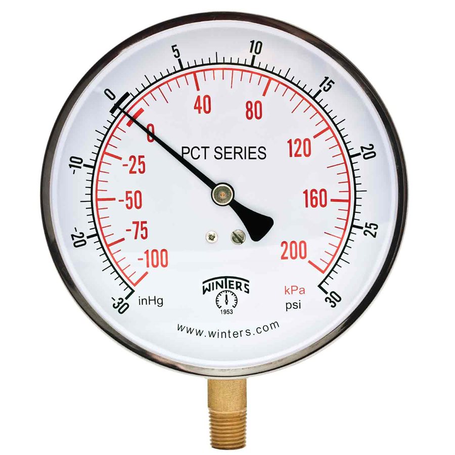 Winters PCT329 Contractor Pressure Gauge 4.5" Dial 30-0-30 PSI/KPA 1/4" NPT Bottom Mount 