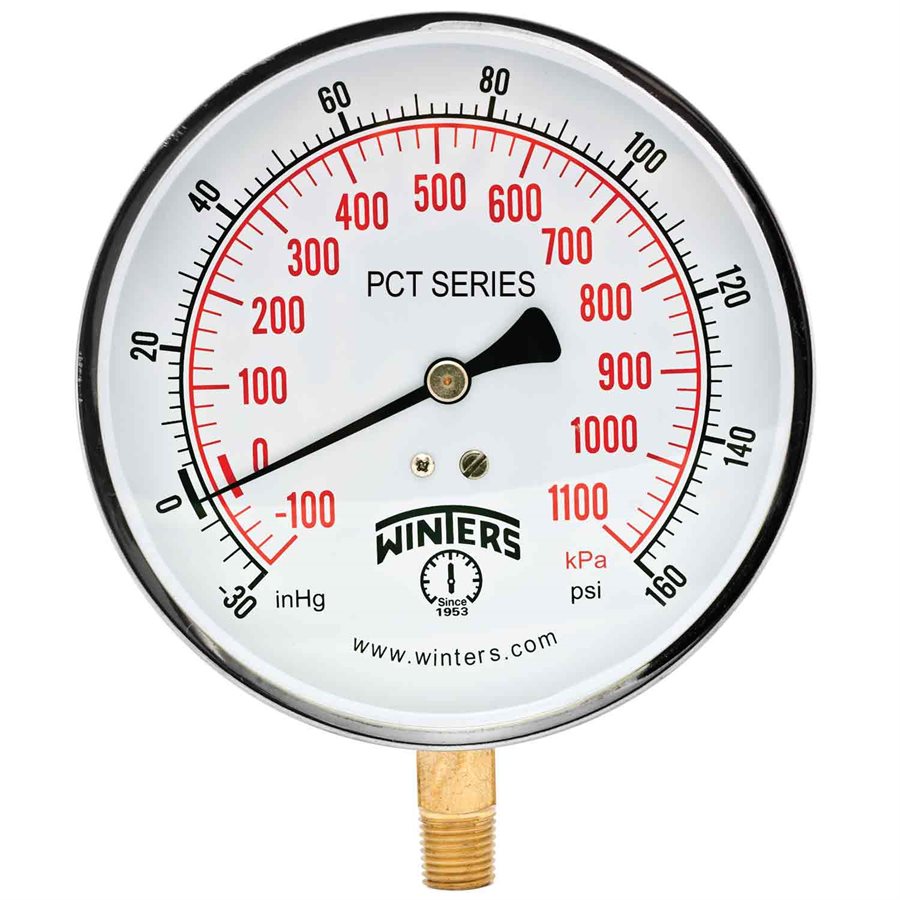 Winters PCT332 Contractor Compound Pressure Gauge 4.5" Dial -30 to 160 PSI/KPA 1/4" NPT Bottom Mount 