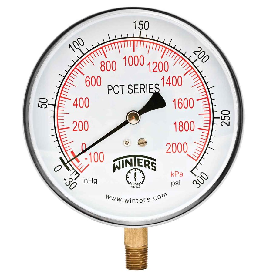 Winters PCT334 Contractor Compound Pressure Gauge 4.5" Dial -30 to 300 PSI/KPA 1/4" NPT Bottom Mount 