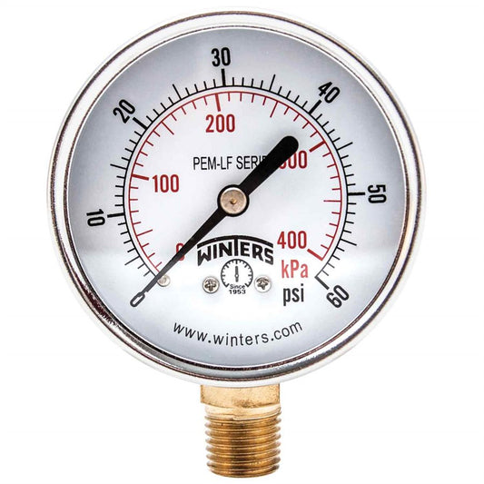 Winters PEM213LF Lead Free Economy Pressure Gauge 2.5'' Dial 0-60 PSI/KPA, 1/4'' NPT Bottom Mount 