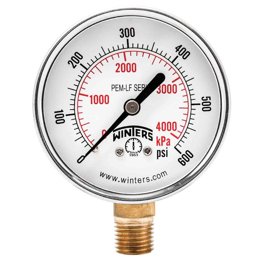 Winters PEM218LF Lead Free Economy Pressure Gauge 2.5" Dial 0-600 PSI/KPA, 1/4" NPT Bottom Mount 