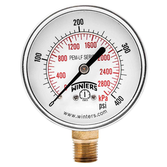 Winters PEM219LF Lead Free Economy Pressure Gauge 2.5" Dial 0-400 PSI/KPA, 1/4" NPT Bottom Mount