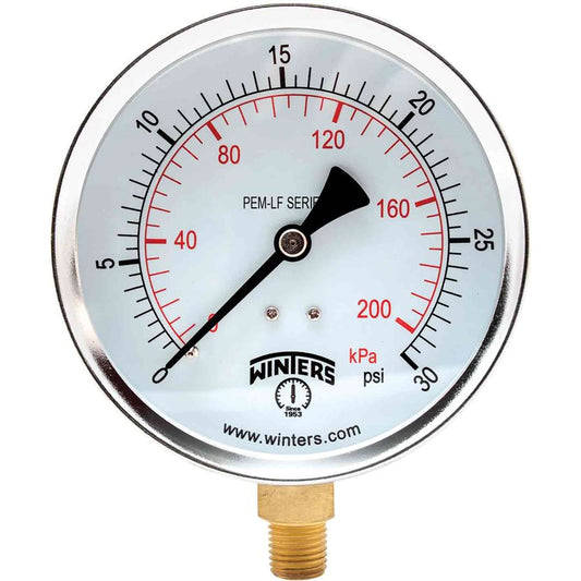 Winters PEM221LF PEM-LF Series Lead Free Economy Pressure Gauge 4" Dial 0-30 PSI/KPA, 1/4" NPT Bottom Mount 