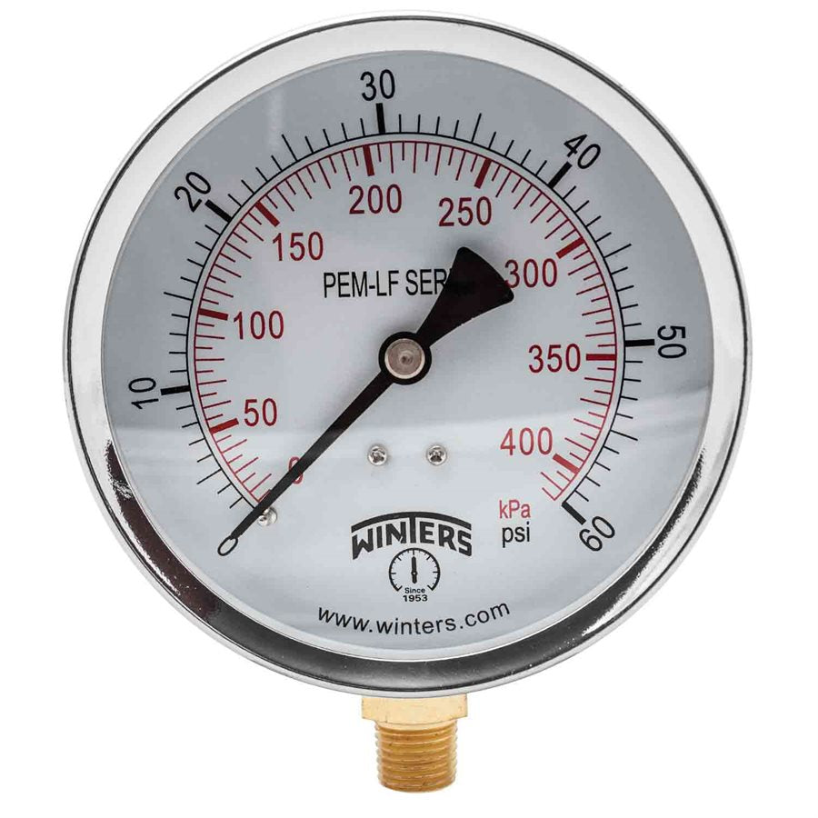 Winters PEM222LF Lead Free Economy Pressure Gauge 4" Dial 0-60 PSI/KPA, 1/4" NPT Bottom Mount 