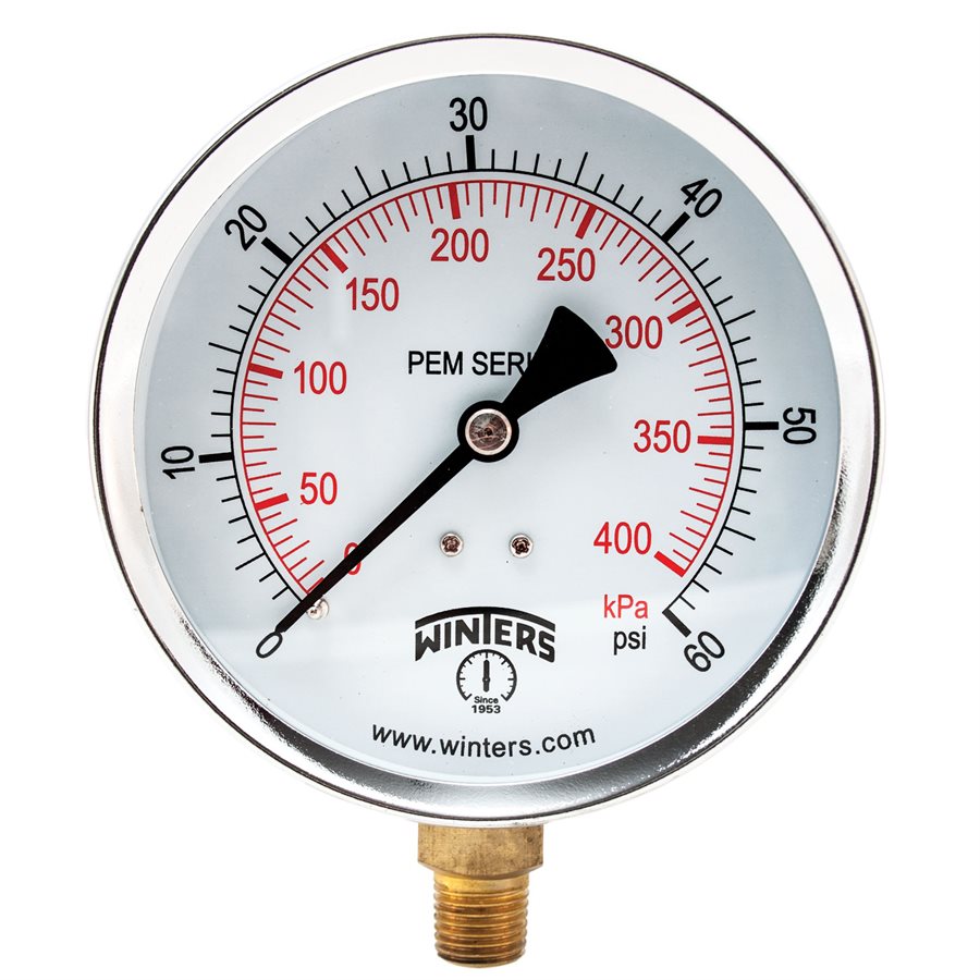 Winters PEM222 Economy Pressure Gauge 4" Dial 0-60 PSI/KPA 1/4" NPT Bottom Mount 