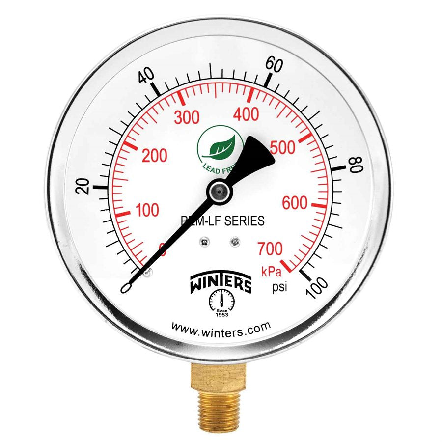 Winters PEM223LF Lead Free Economy Pressure Gauge 4" Dial 0-100 PSI/KPA, 1/4" NPT Bottom Mount 