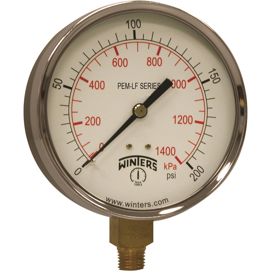 Winters PEM225LF Lead Free Economy Pressure Gauge 4" Dial 0-200 PSI/KPA 1/4" NPT Bottom Mount 