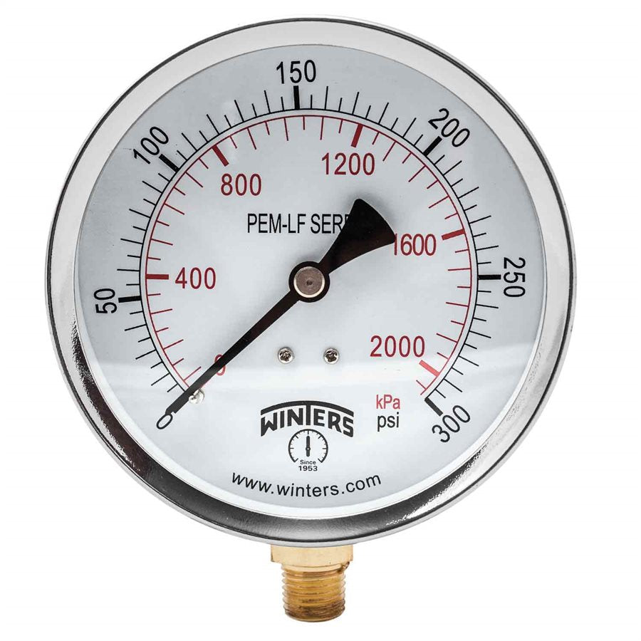 Winters PEM226LF Lead Free Economy Pressure Gauge 4" Dial 0-300 PSI/KPA 1/4" NPT Bottom Mount