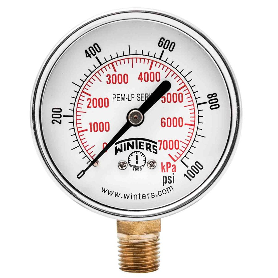 Winters PEM290LF Lead Free Economy Pressure Gauge 2.5" Dial 0-1000 PSI/KPA, 1/4" NPT Bottom Mount 