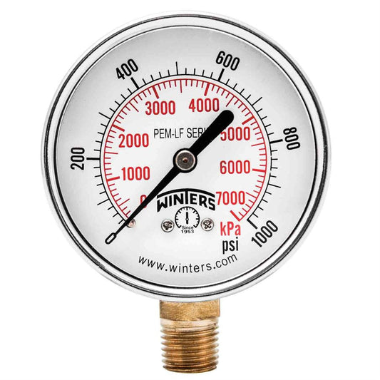 Winters PEM290LF Lead Free Economy Pressure Gauge 2.5" Dial 0-1000 PSI/KPA, 1/4" NPT Bottom Mount 