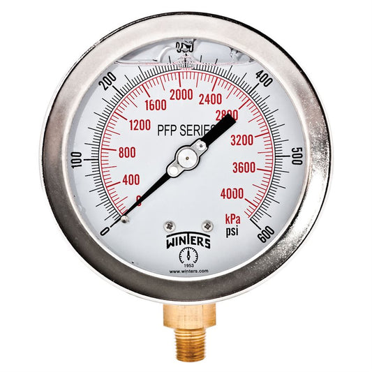 Winters PFP608 Premium Stainless Steel Liquid Filled Gauge 4'' Dial 0-600 PSI/KPA 1/4'' NPT Bottom Mount 