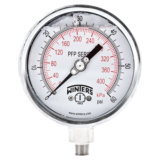 Winters PFP643 Premium Stainless-Steel Liquid Filled Pressure Gauge, 4'' Dial 0-60 PSI/KPA 1/4'' NPT Bottom Mount, Stainless Steel Internals 