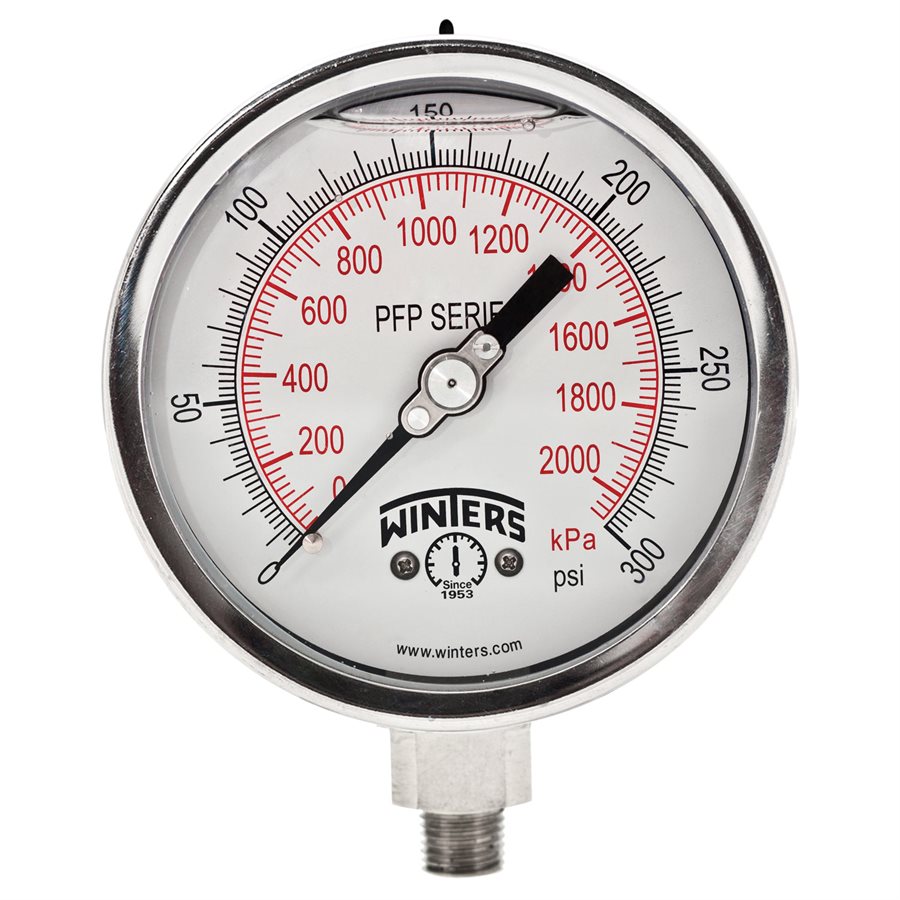 Winters PFP647 Premium Stainless-Steel Liquid Filled Pressure Gauge, 4'' Dial 0-300 PSI/KPA 1/4'' NPT Bottom Mount, Stainless Steel Internals 