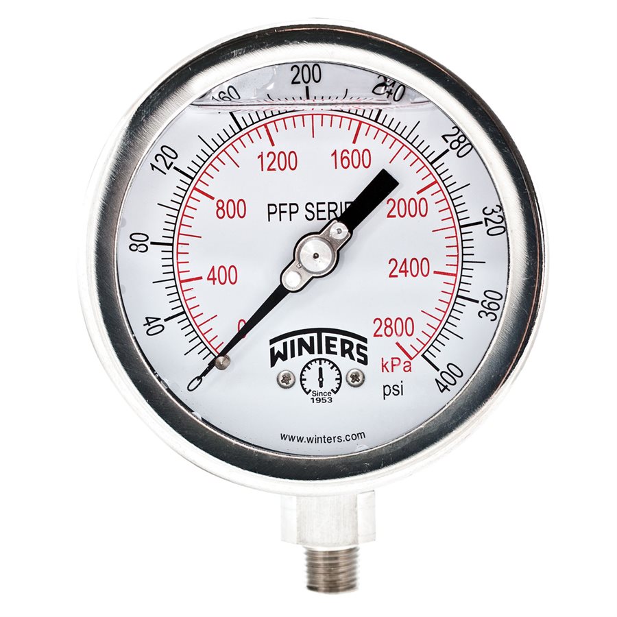 Winters PFP650 Premium Stainless-Steel Liquid Filled Pressure Gauge, 4'' Dial 0-400 PSI/KPA 1/4'' NPT Bottom Mount, Stainless Steel Internals 