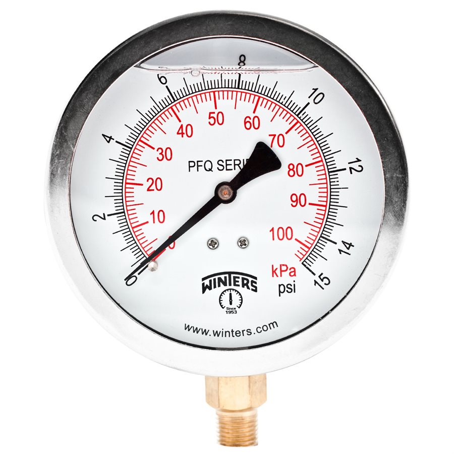 Winters PFQ708 Stainless Steel Quality Liquid Filled Pressure Gauge, 4" Dial 0-15 PSI/KPA 1/4"NPT Bottom Connection 