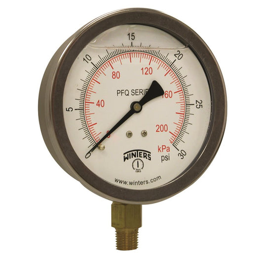 Winters PFQ709 Stainless Steel Quality Liquid Filled Pressure Gauge, 4" Dial 0-30 PSI/KPA 1/4"NPT Bottom Connection 