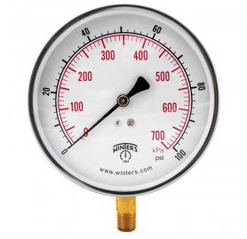 Winters PCT323 Contractor Pressure Gauge 4.5''Dial 0-100 PSI/KPA 1/4'' BTM 