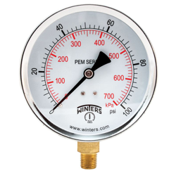 Winters PEM223 Economy Pressure Gauge 4" Dial 0-100 PSI/KPA 1/4" NPT Bottom Mount 