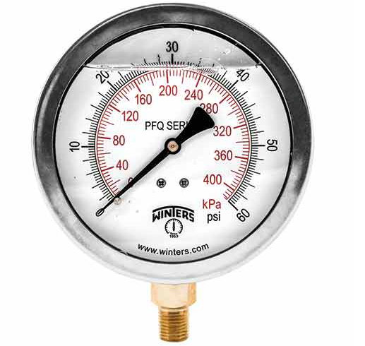 Winters PFQ710 Stainless Steel Quality Liquid Filled Pressure Gauge, 4" Dial 0-60 PSI/KPA 1/4"NPT Bottom Connection 