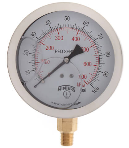 Winters PFQ711 Stainless Steel Quality Liquid Filled Pressure Gauge, 4" Dial 0-100 PSI/KPA 1/4"NPT Bottom Connection 