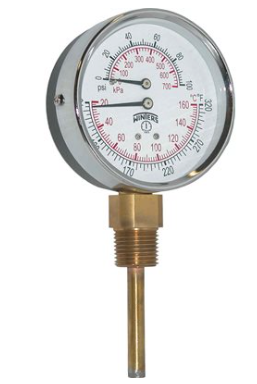 Winters TTD409 TTD Series Tridicator, 3'' Dial, 0-100 PSI/KPA & 70-320 F/C, 2.5" Stem, 1/2'' NPT Bottom Mount 