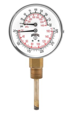 Winters TTD405 TTD Series Dual Scale Tridicator, 3'' Dial, 0-200 PSI/KPA & 70-320 F/C, 1/2'' NPT Connection, Bottom Mount 