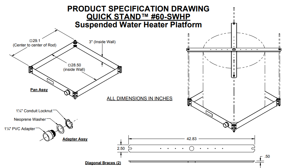 HoldRite 60-SWHP 50 Gallons Quick Stand Ceiling Mounted Water Heater Platform with 1-1/4" PVC Drain Fitting, 750 lbs Load Rating, Includes Top Cross Brace, 28-1/2" x 28-1/2" x 3" Dimensions