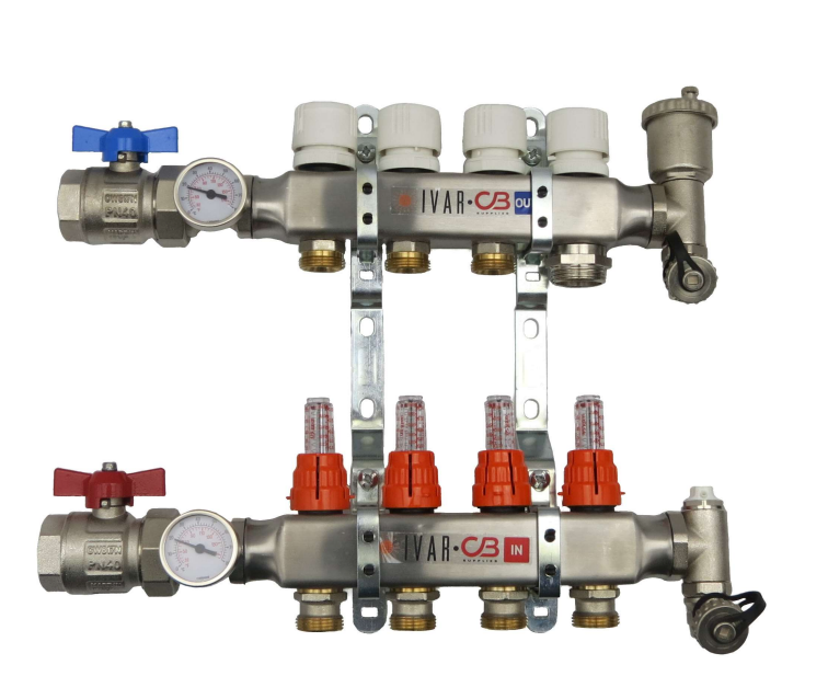 C.B Supplies 763510004-S - 4-Loop 1" Stainless Steel IVAR Manifold With Valve and Flow Meter for Hydronic Heating | Plumbers Center