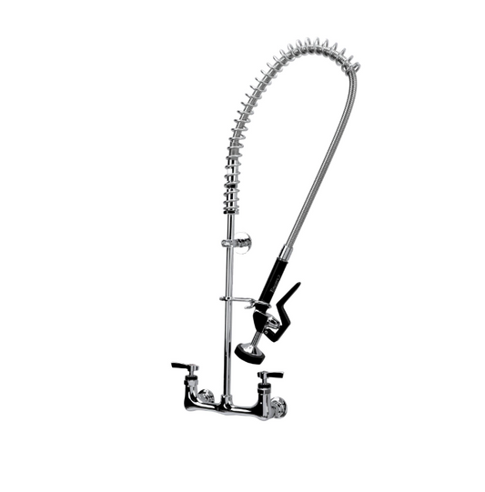 Encore KL53-1000-BR - 8" O.C Wall Mount Pre Rinse Commercial Kitchen Faucet Assembly with Wall Bracket, 1/4 Turn Compression, Brass Chrome Plated | Plumbers Center