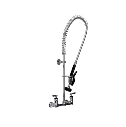 Encore KL53-1000-BR - 8" O.C Wall Mount Pre Rinse Commercial Kitchen Faucet Assembly with Wall Bracket, 1/4 Turn Compression, Brass Chrome Plated 